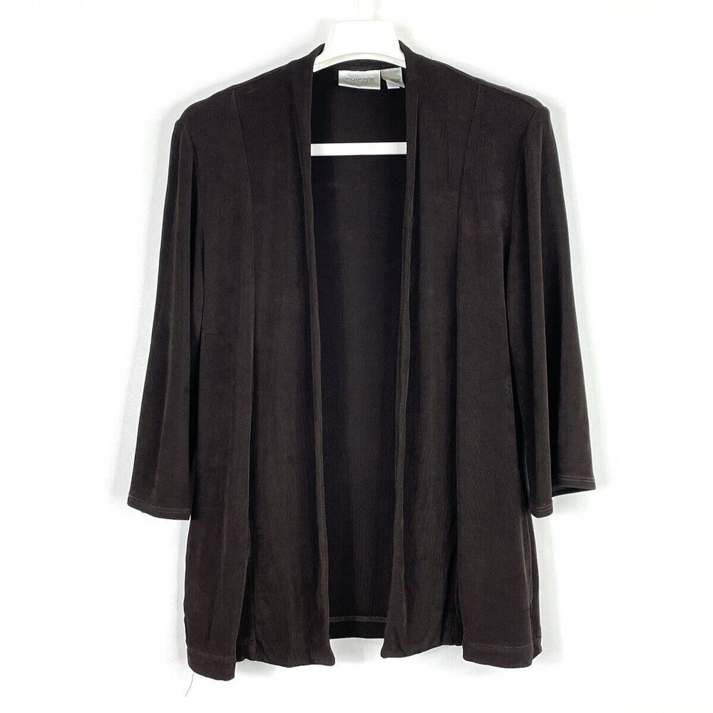 Chicos Travelers Size Small Open Front Cardigan Slinky Knit Brown Topper Pockets